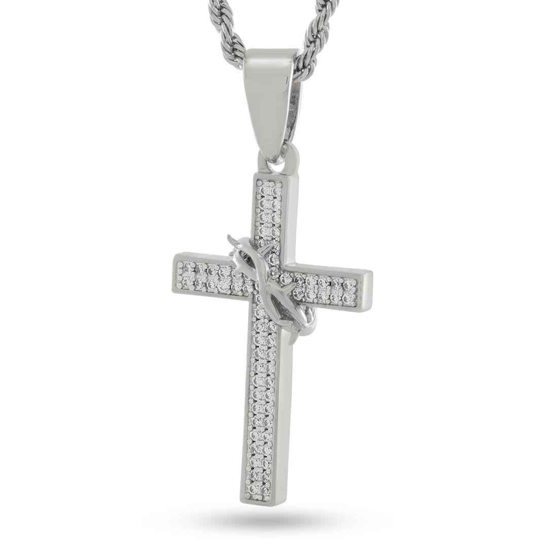 Crown of Thorns Wrapped Cross Necklace  in  2.2” / White Gold by Kingices