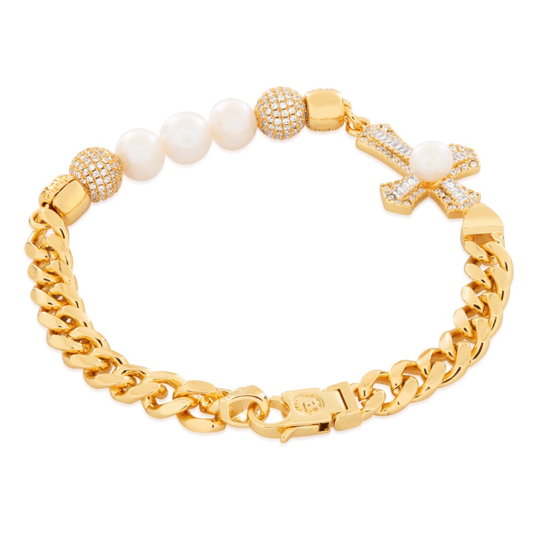 Pearl of Wisdom Cross Bracelet  in  Gold Plated / 14K Gold / 8" by Kingices