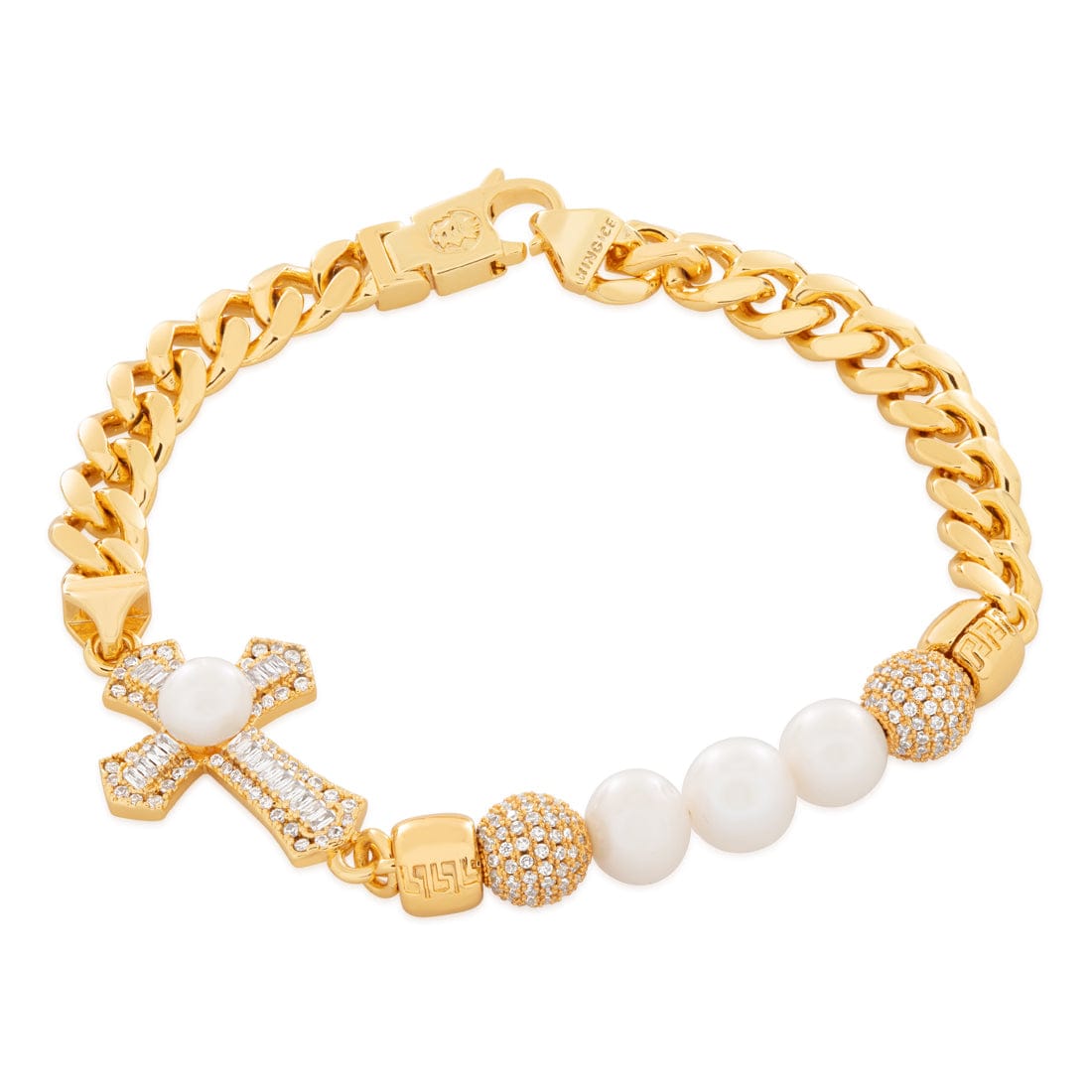 Pearl of Wisdom Cross Bracelet  in  Gold Plated / 14K Gold / 8" by Kingices