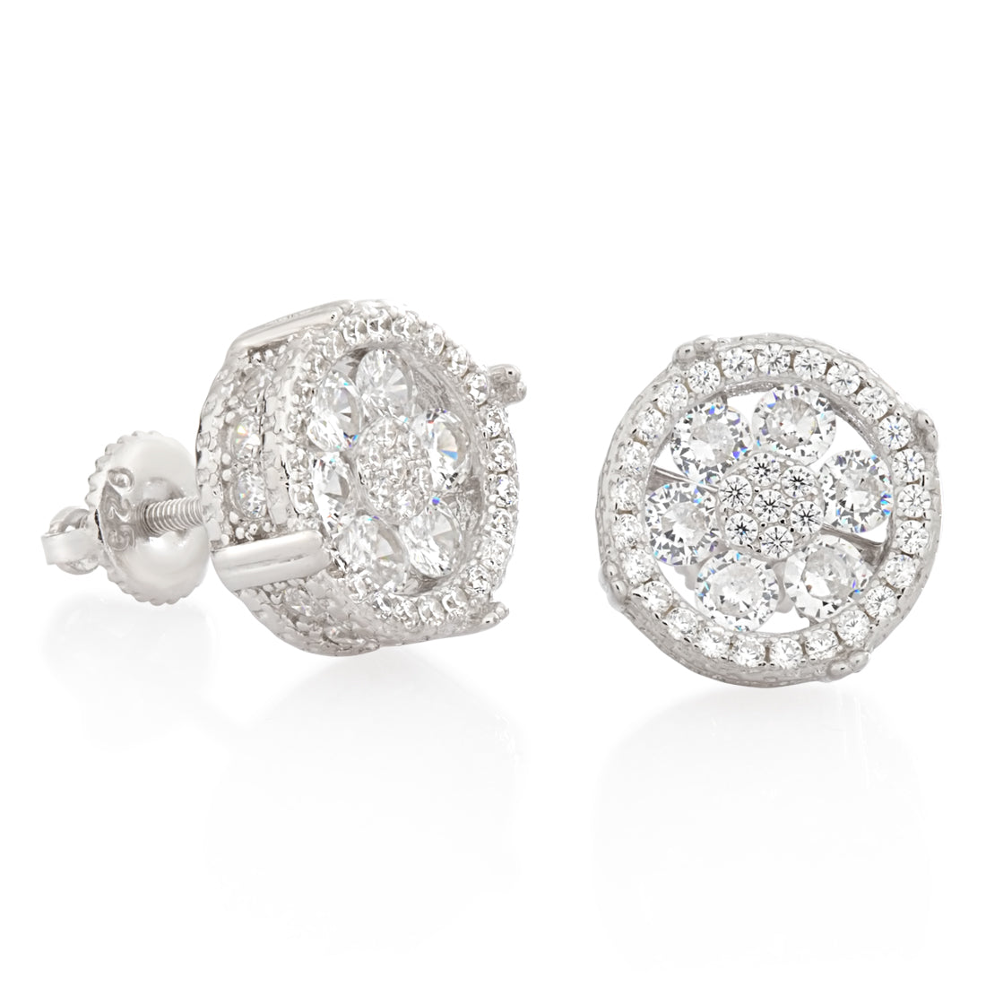 Round Cluster Stud Earrings  in  Sterling Silver / White Gold / 12mm by Kingices