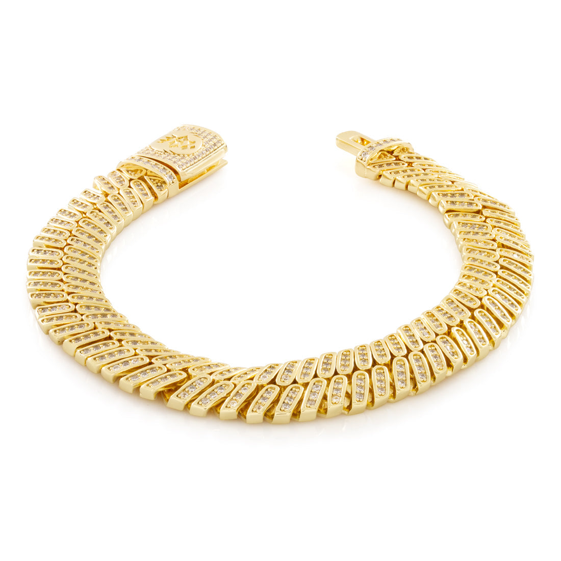 12mm Iced Herringbone Bracelet  in  Gold Plated / 14K Gold / 8" by Kingices