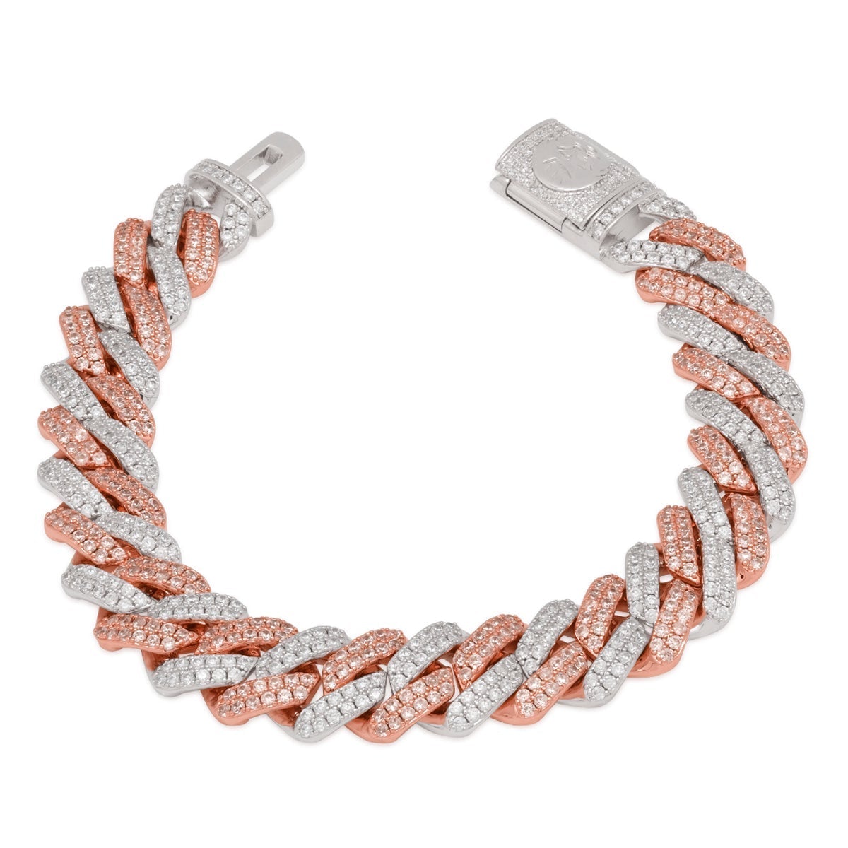 12mm Rose Gold Iced Diamond-Cut Miami Cuban Link Bracelet  in  Gold Plated / White/Rose Gold / 7" by Kingices