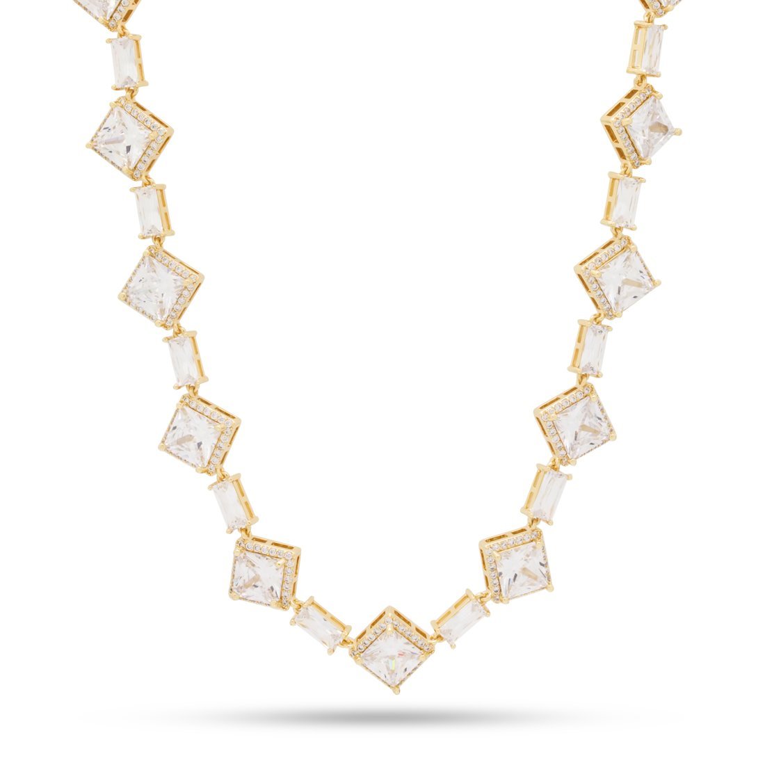 14mm Clustered Princess-Cut Tennis Chain  in  Gold Plated / 14K Gold / 18" by Kingices