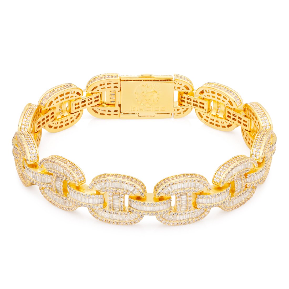 14mm Iced Baguette-Cut G-Link Bracelet  in  Gold Plated / 14K Gold / 8" by Kingices