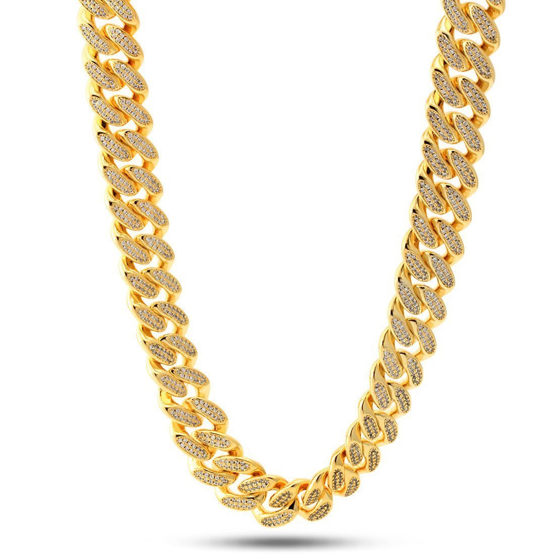 15mm Classic Iced Miami Cuban Link Chain  in  Gold Plated / 14K Gold / 18" by Kingices