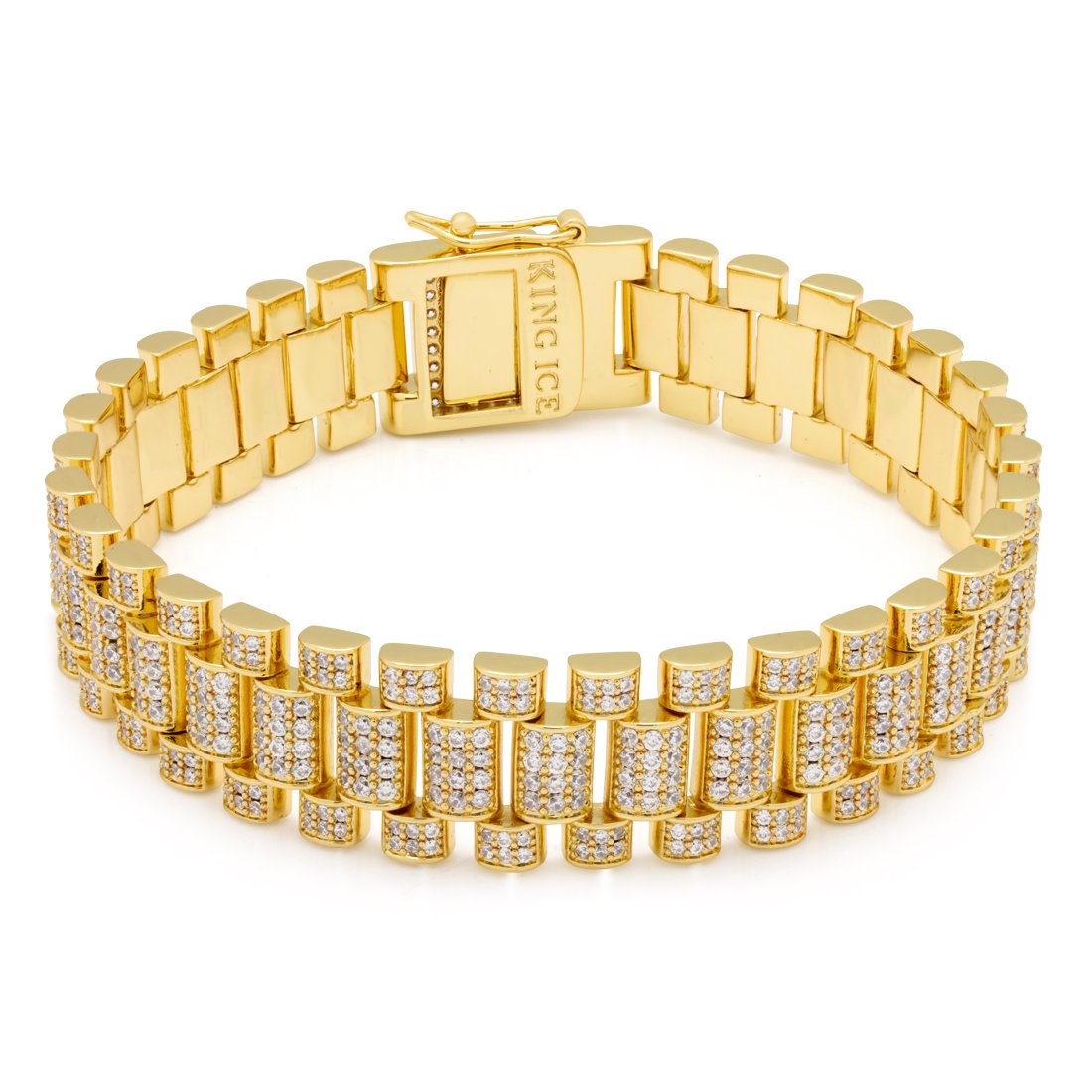 15mm Iced Rollie Link Bracelet  in  Gold Plated / 14K Gold / 8" by Kingices