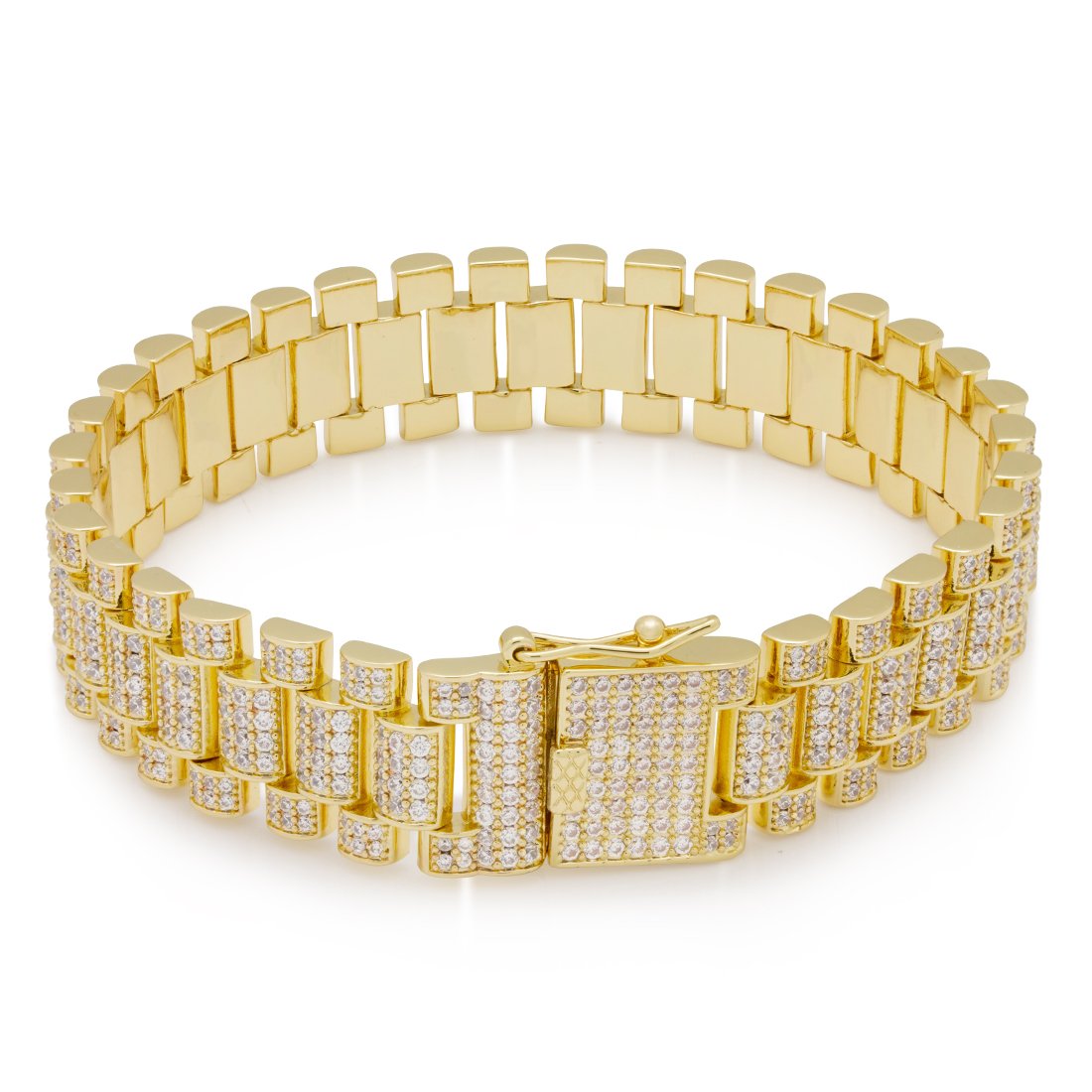 15mm Iced Rollie Link Bracelet  in  Gold Plated / 14K Gold / 8" by Kingices