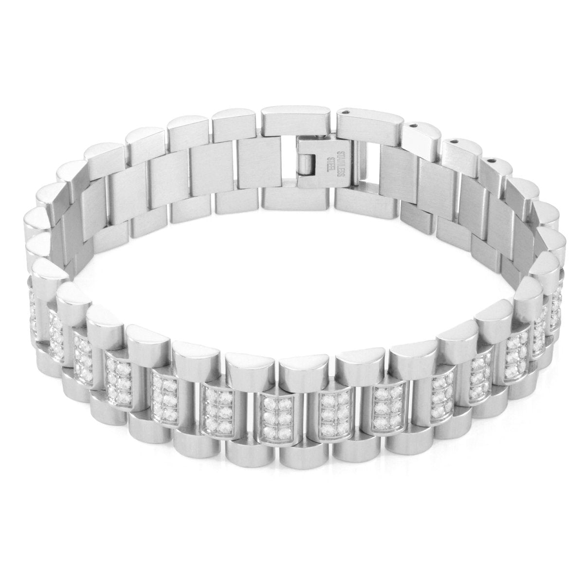 15mm Iced Rollie Link Bracelet  in  White Gold / 8.5" by Kingices