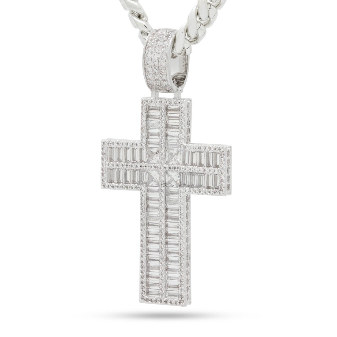 Baguette Cut Cross Necklace  in  White Gold / 2.6" by Kingices