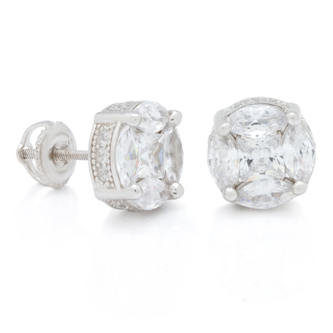 Brilliant-Cut Button Stud Earrings  in  Sterling Silver / White Gold / 8mm by Kingices