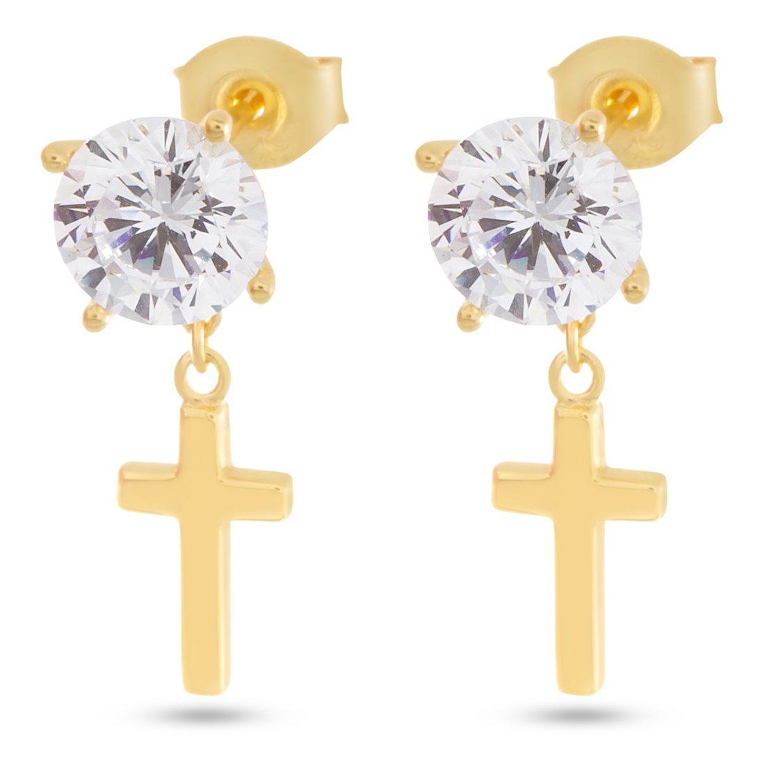 Brilliant-Cut Hanging Cross Earrings  in  Sterling Silver / 14K Vermeil / 0.8" by Kingices