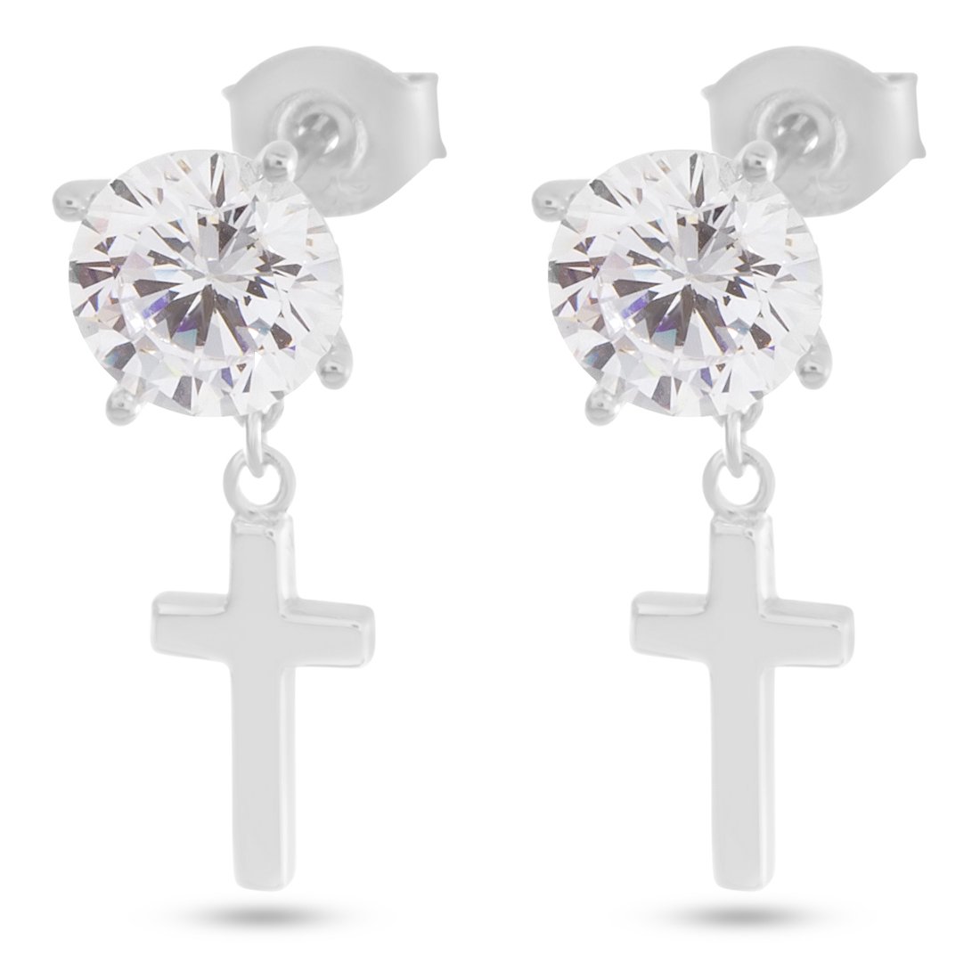 Brilliant-Cut Hanging Cross Earrings  in  Sterling Silver / White Gold / 0.8" by Kingices