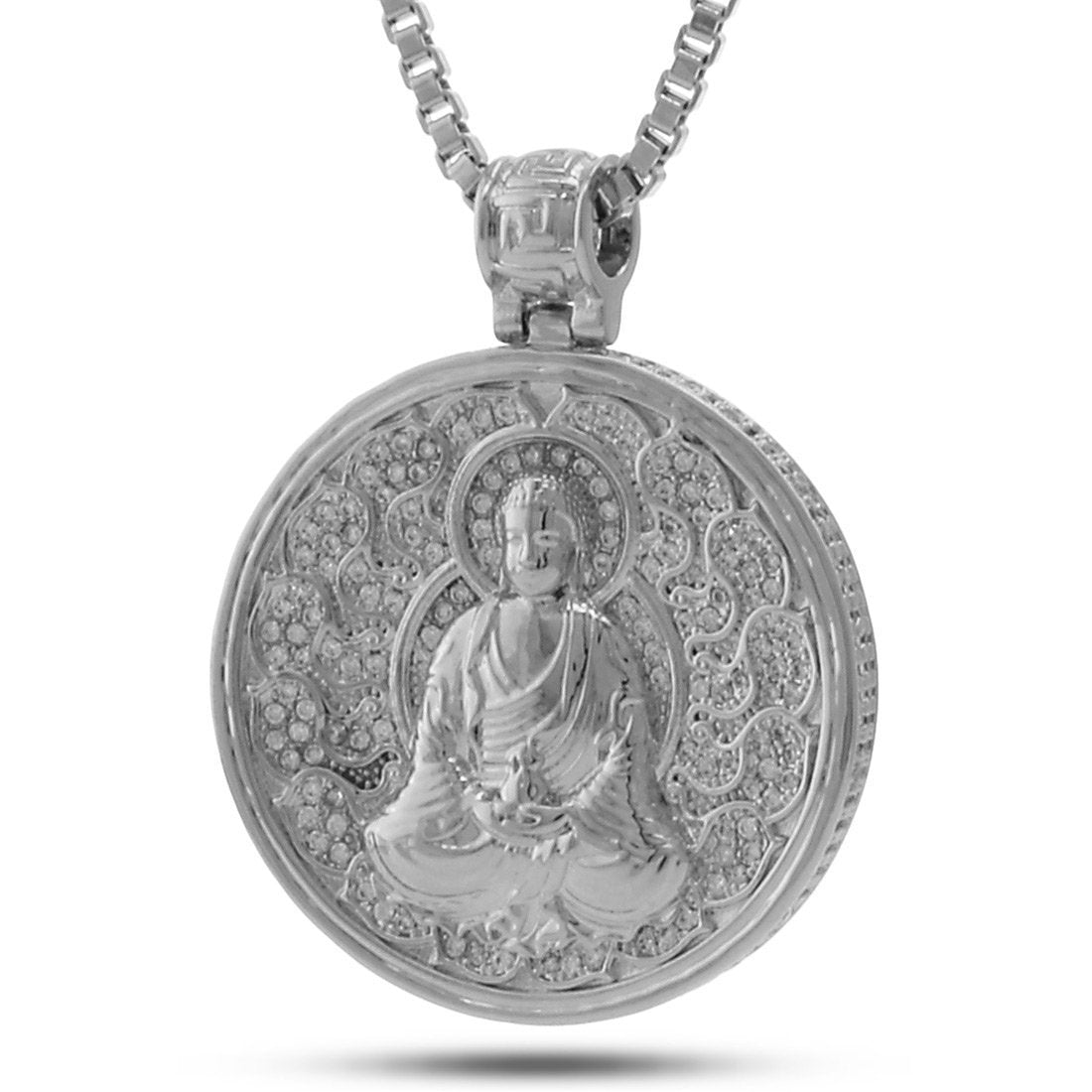 Buddhist Medallion Necklace  in  White Gold / 1.7" by Kingices