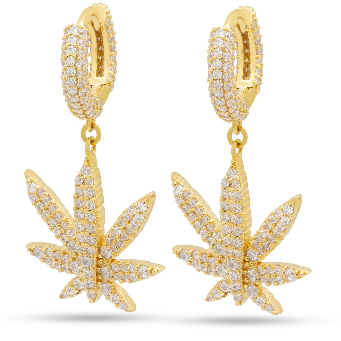 Iced Cannabis Leaf Hanging Earrings  in  Sterling Silver / 14K Vermeil / 1.3" by Kingices