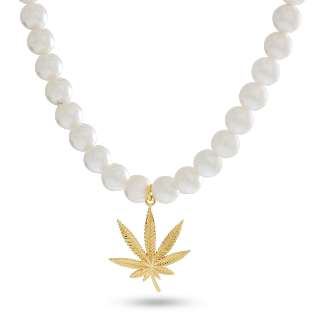 Cannabis Leaf Pearl Necklace  in  Gold Plated / 14K Gold / 1.2" by Kingices
