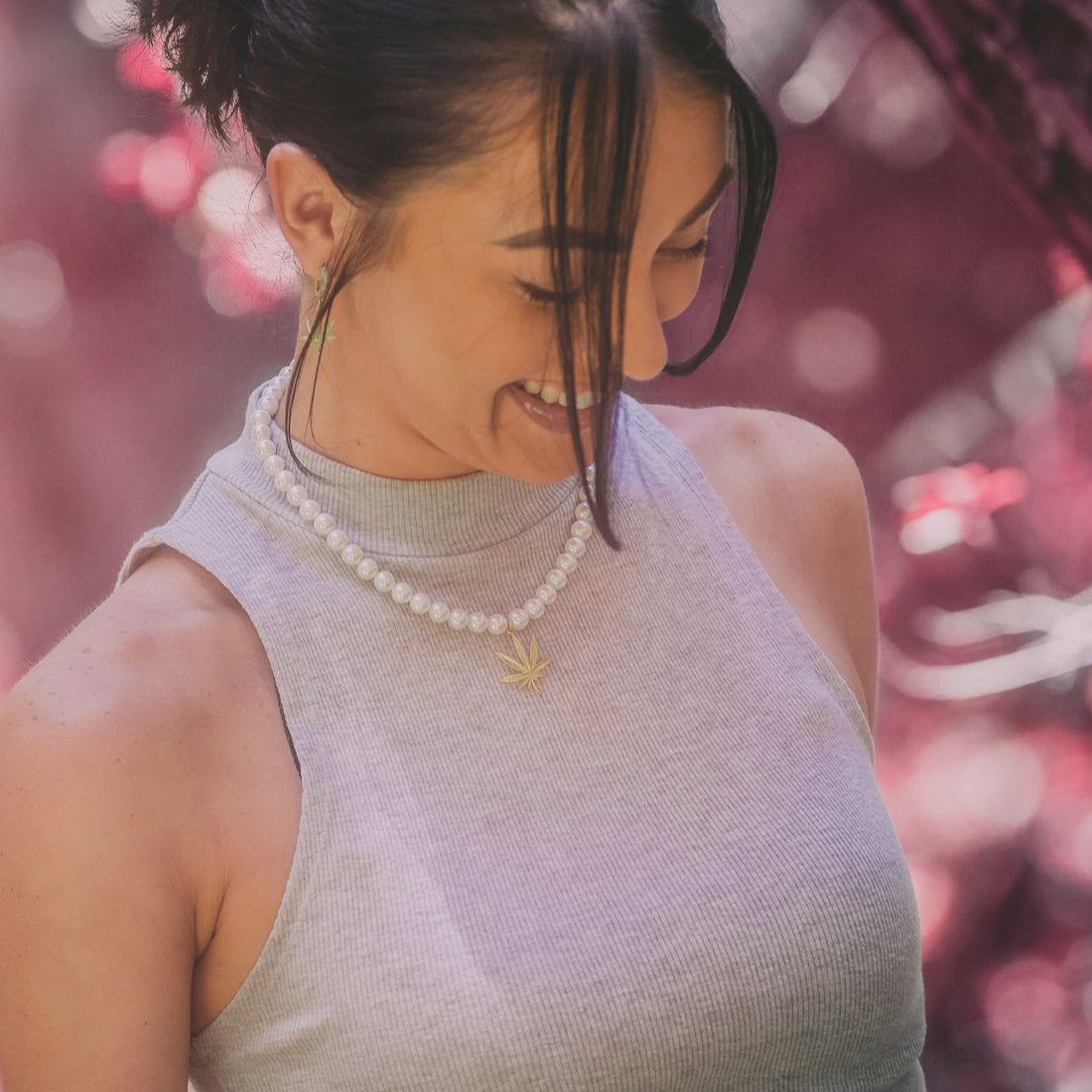 Cannabis Leaf Pearl Necklace  in  Gold Plated / 14K Gold / 1.2" by Kingices