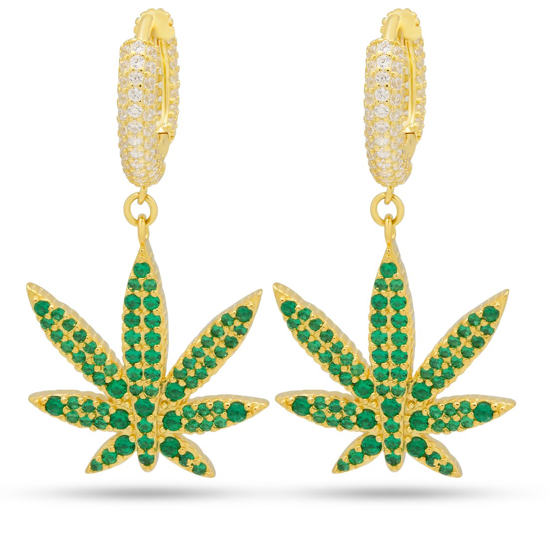 Emerald Cannabis Leaf Hanging Earrings  in  Sterling Silver / 14K Vermeil / 1.3" by Kingices
