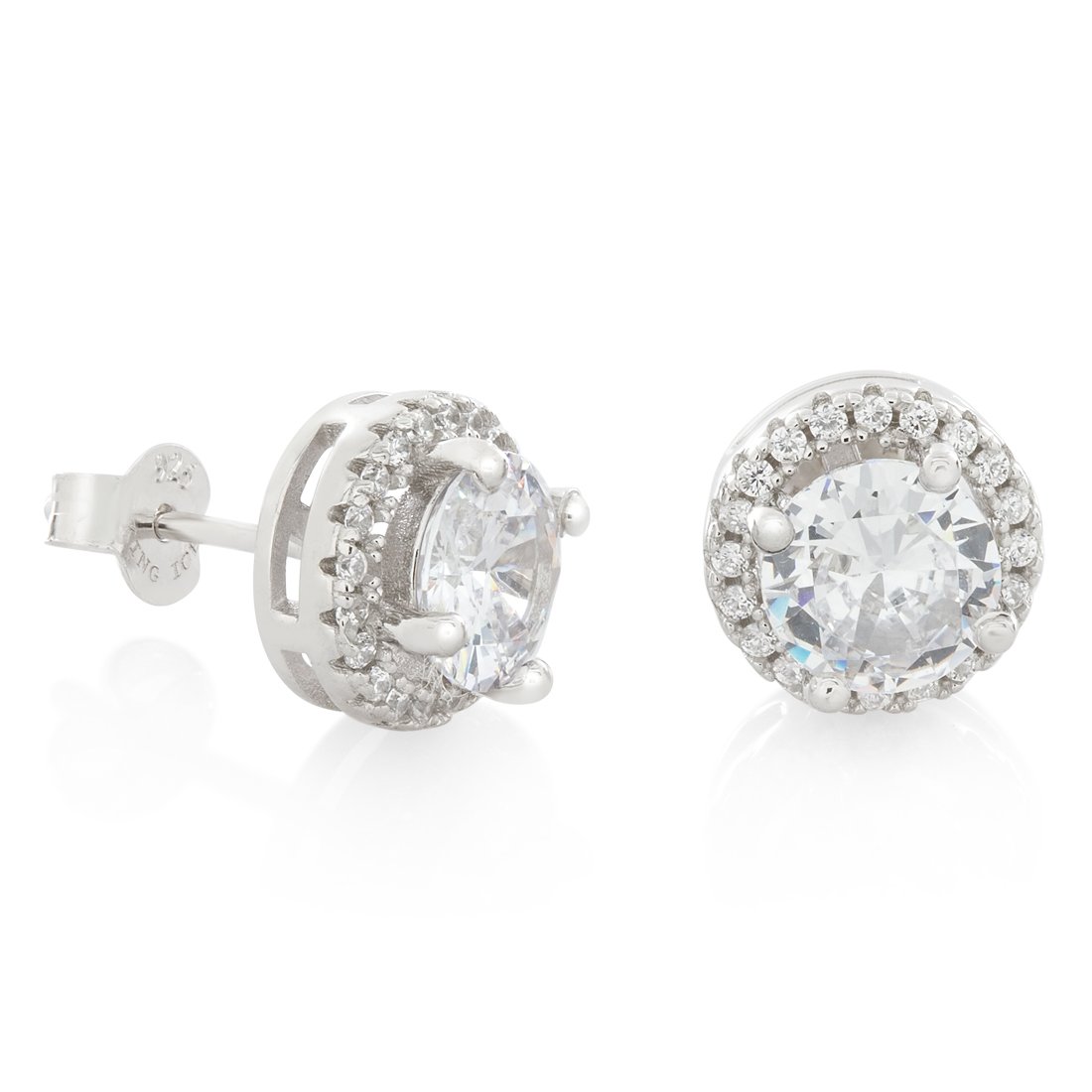 Halo Brilliant-Cut Stud Earrings  in  Sterling Silver / White Gold / 10mm by Kingices