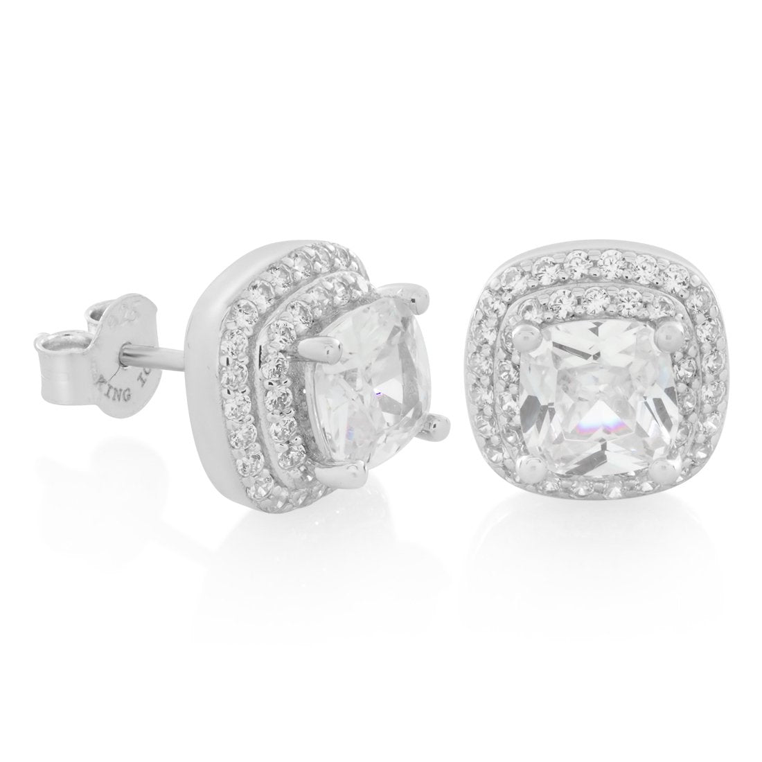 Halo Cushion-Cut Stud Earrings  in  Sterling Silver / White Gold / 10mm by Kingices