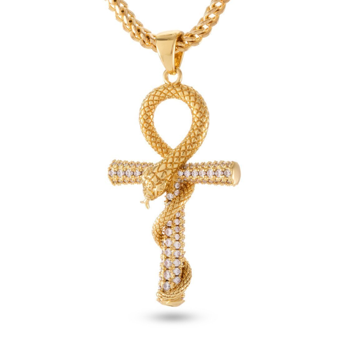 Iced-Out Apep and Ankh Key Necklace  in  14K Gold / 2" by Kingices