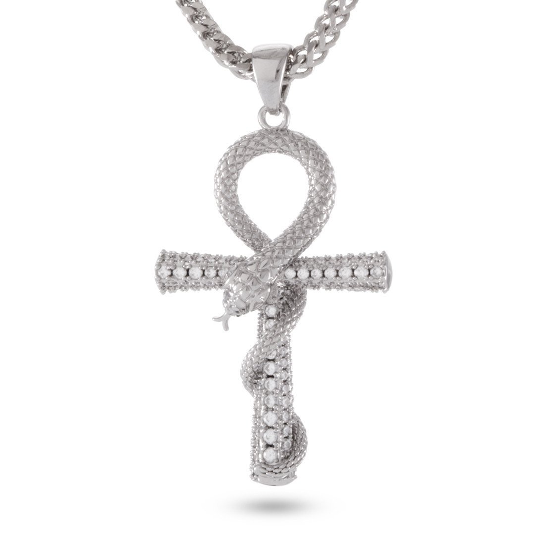 Iced-Out Apep and Ankh Key Necklace  in  White Gold / 2" by Kingices