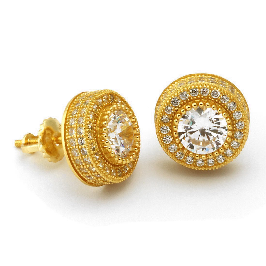Iced Button Stud Earrings  in  Sterling Silver / 14K Vermeil / 11mm by Kingices