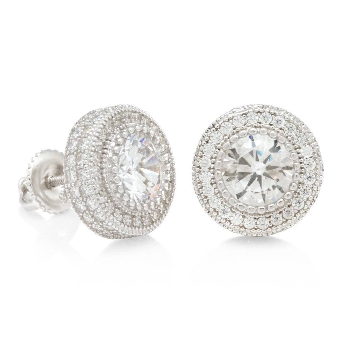 Iced Button Stud Earrings  in  Sterling Silver / White Gold / 11mm by Kingices