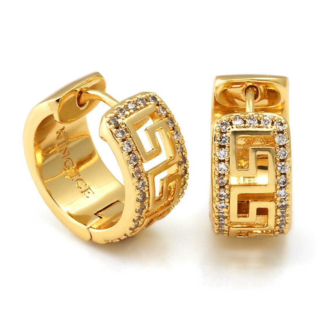 Iced Greek Key Hoop Earrings  in  Sterling Silver / 14K Vermeil / 0.8" by Kingices