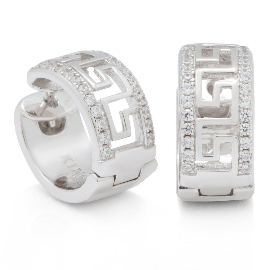 Iced Greek Key Hoop Earrings  in  Sterling Silver / White Gold / 0.8" by Kingices