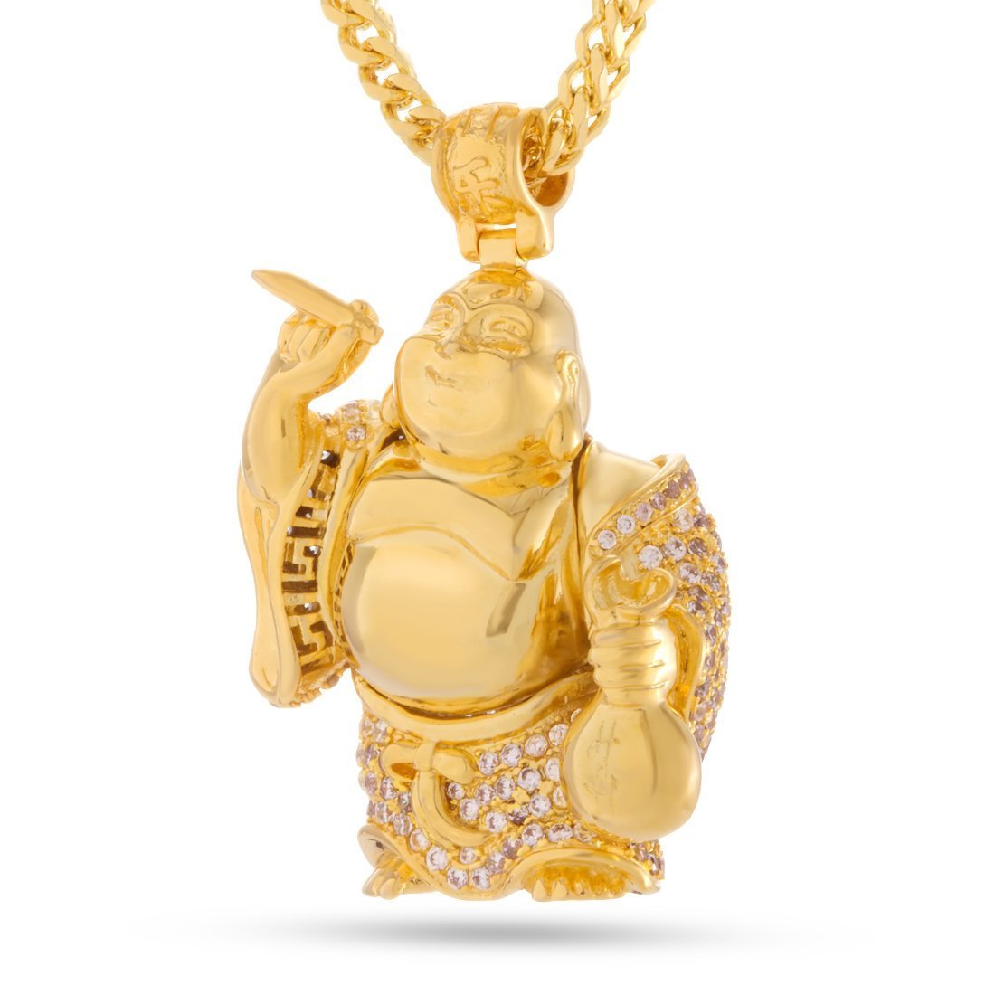 Iced Laughing Buddha Necklace  in  14K Gold / 1.6" by Kingices