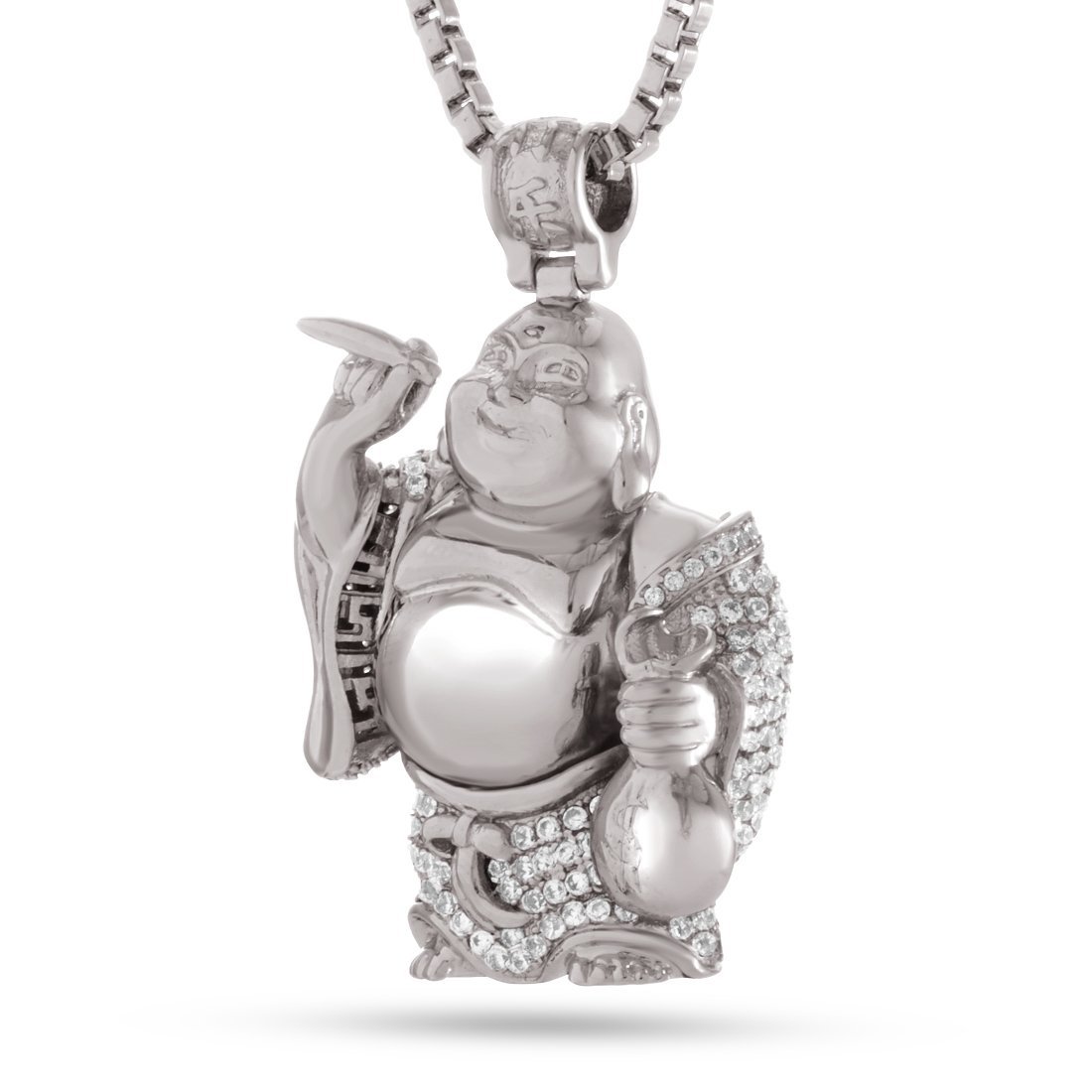 Iced Laughing Buddha Necklace  in  White Gold / 1.6" by Kingices