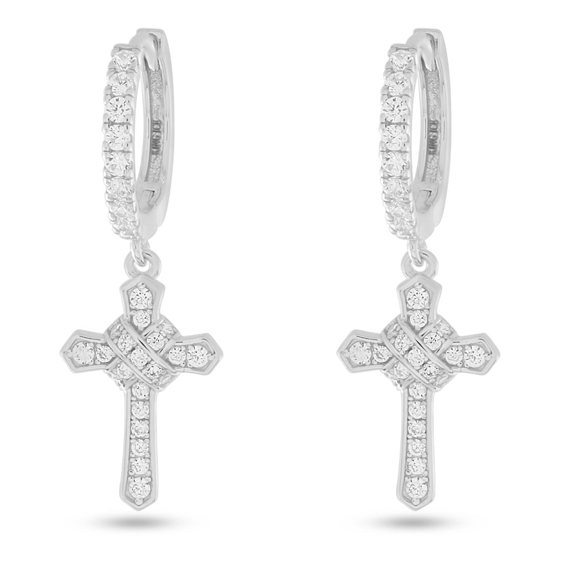 Iced Wrapped Cross Earrings  in  Sterling Silver / White Gold / 1.2" by Kingices