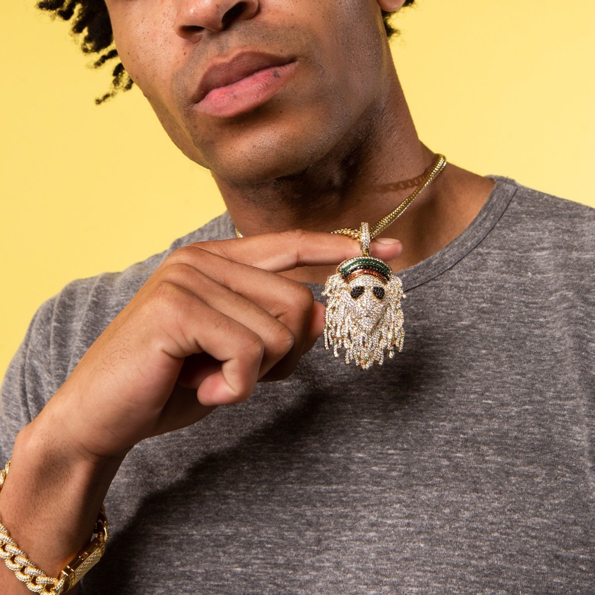 Icy Rasta Lion Necklace  in  14K Gold / 2.8" by Kingices