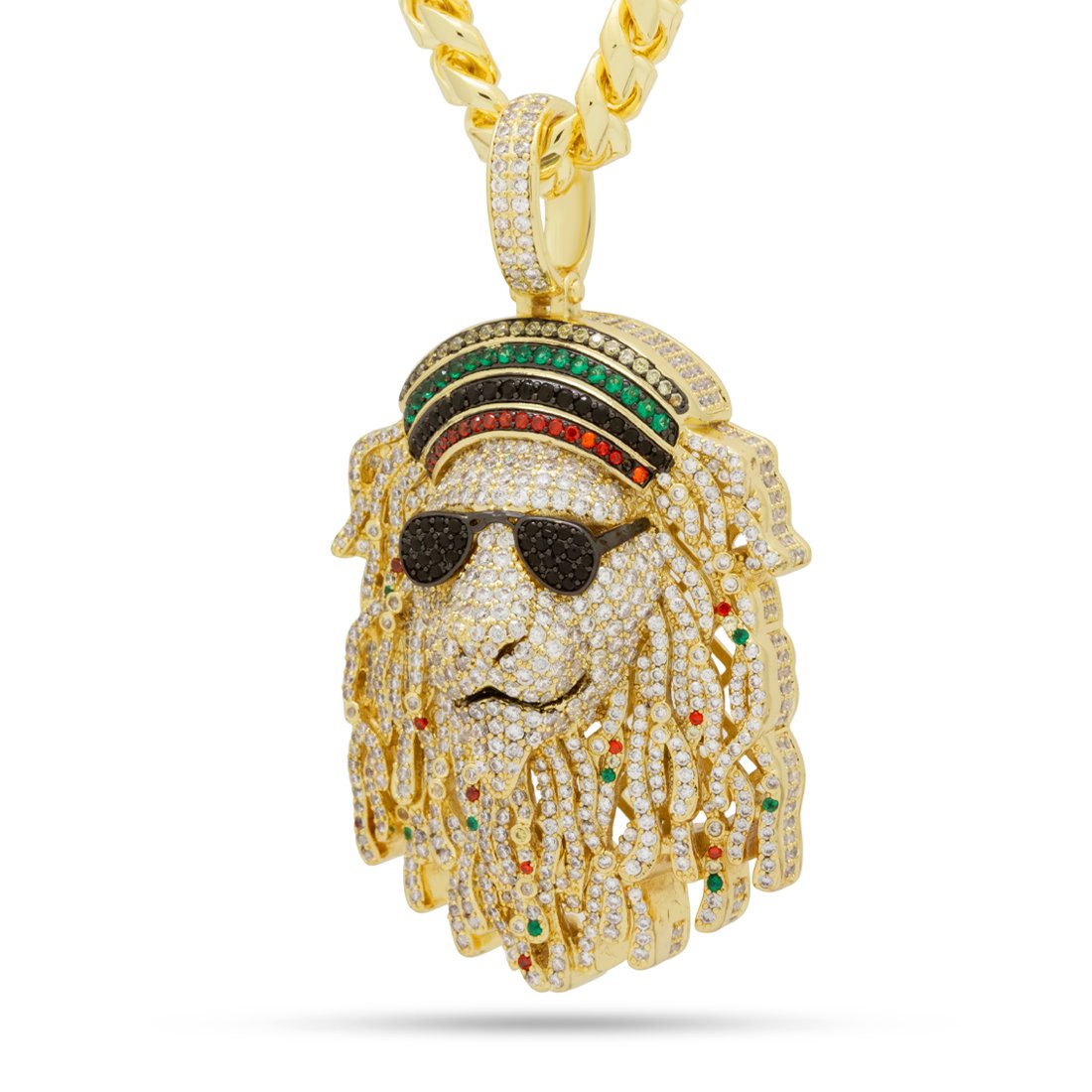 Icy Rasta Lion Necklace  in  14K Gold / 2.8" by Kingices