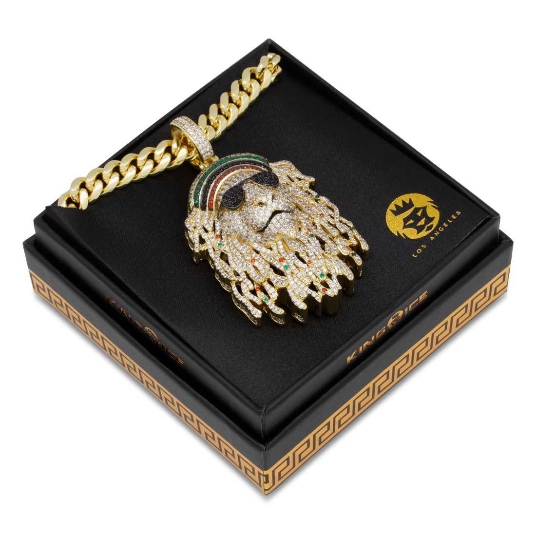 Icy Rasta Lion Necklace  in  14K Gold / 2.8" by Kingices