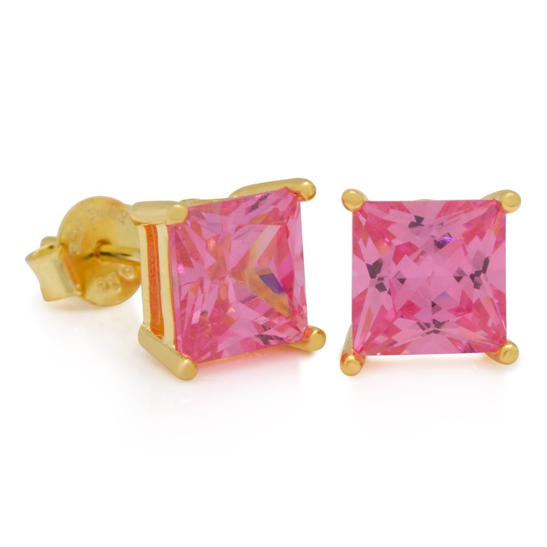 Pink Princess-Cut Stud Earrings  in  Sterling Silver / 14K Vermeil / 7mm by Kingices