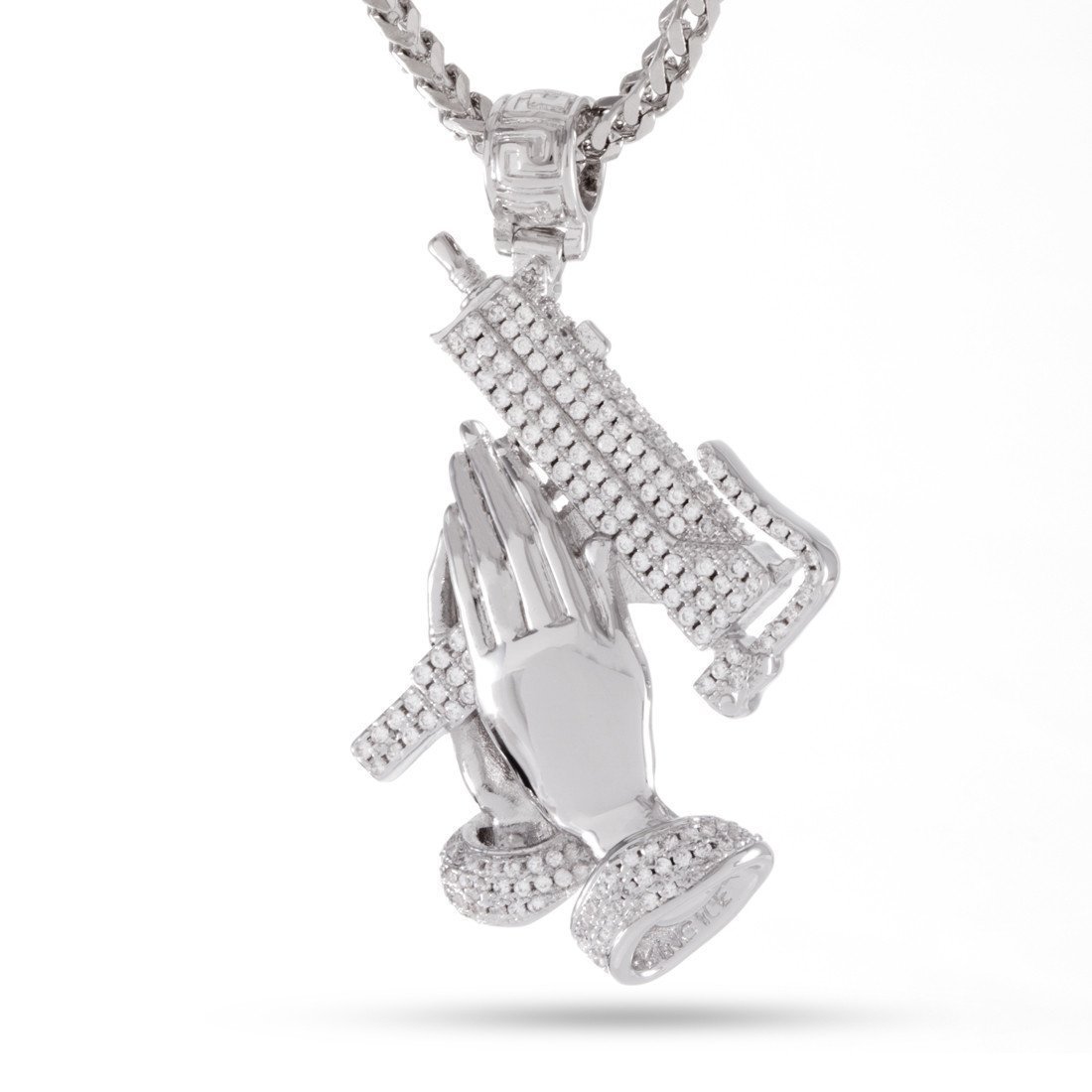Praying Hands of Defense Necklace  in  White Gold / 1.9" by Kingices