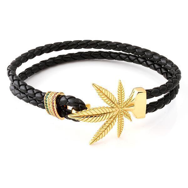 Rasta Weed Bracelet  in  Leather / 14K Gold / 8" by Kingices