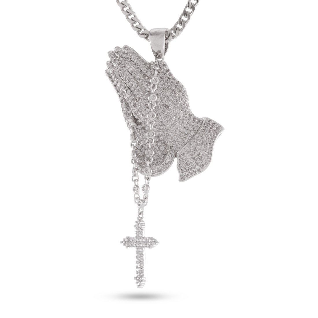 Rosary Praying Hands Necklace  in  White Gold / 2.3" by Kingices