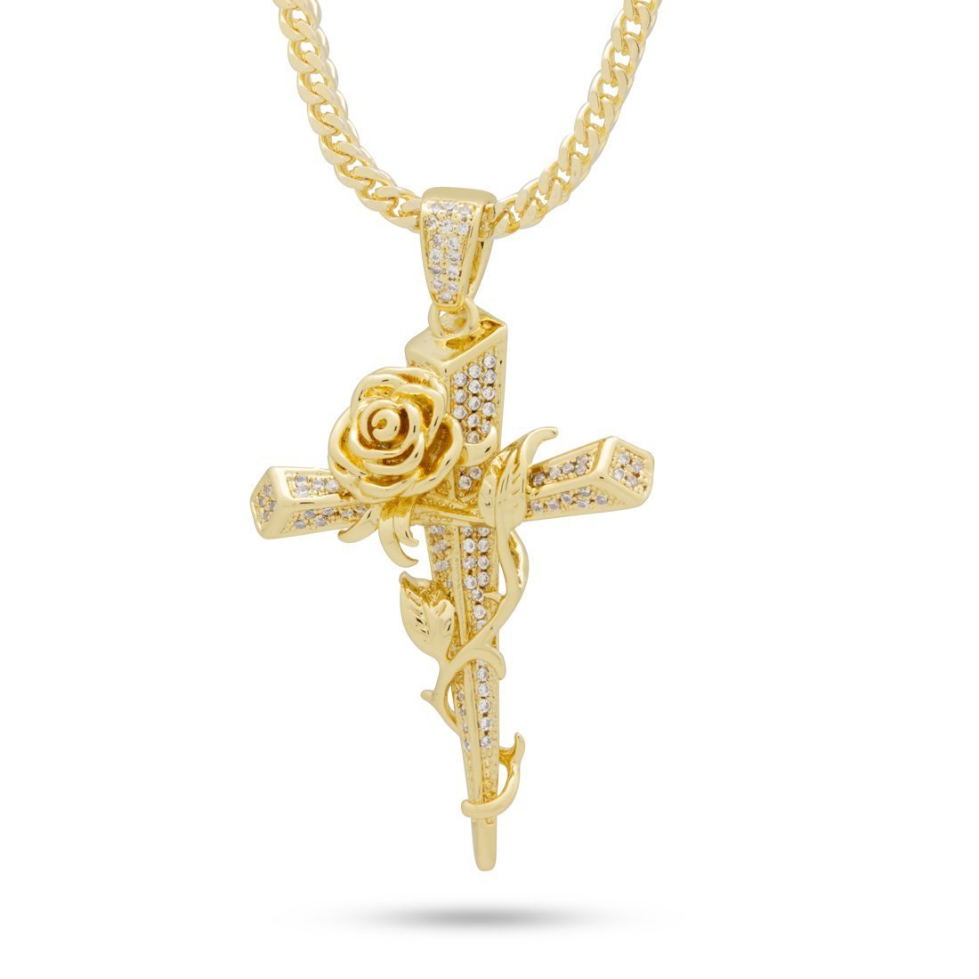 Rose Thorned Cross Necklace  in  14K Gold / 1.9" by Kingices