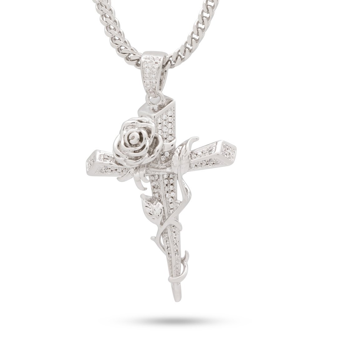 Rose Thorned Cross Necklace  in  White Gold / 1.9" by Kingices