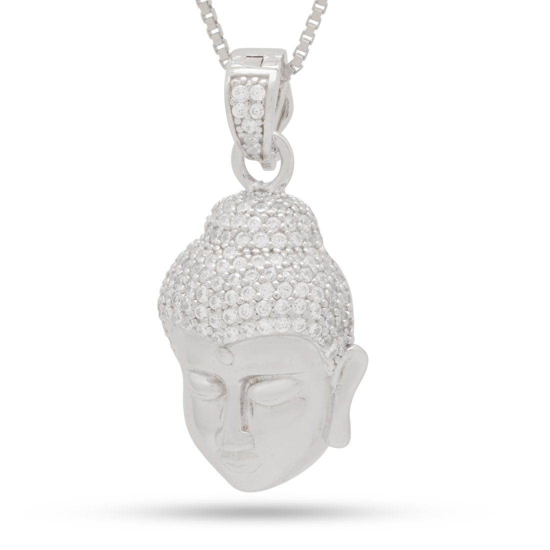 Sterling Silver Awake Buddha Necklace  in  White Gold / 1.3" by Kingices