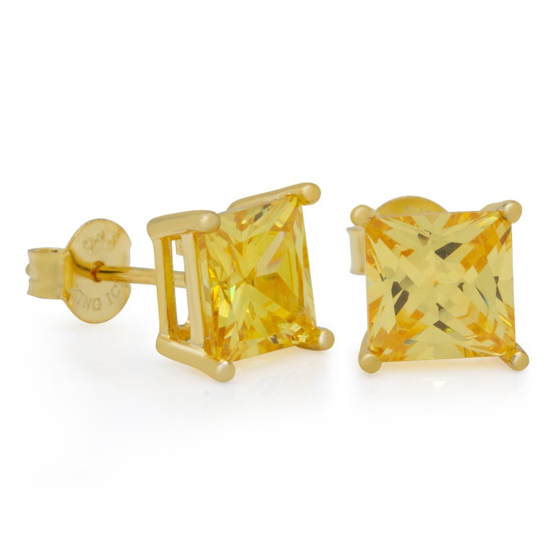 Yellow Princess-Cut Stud Earrings  in  Sterling Silver / 14K Vermeil / 7mm by Kingices