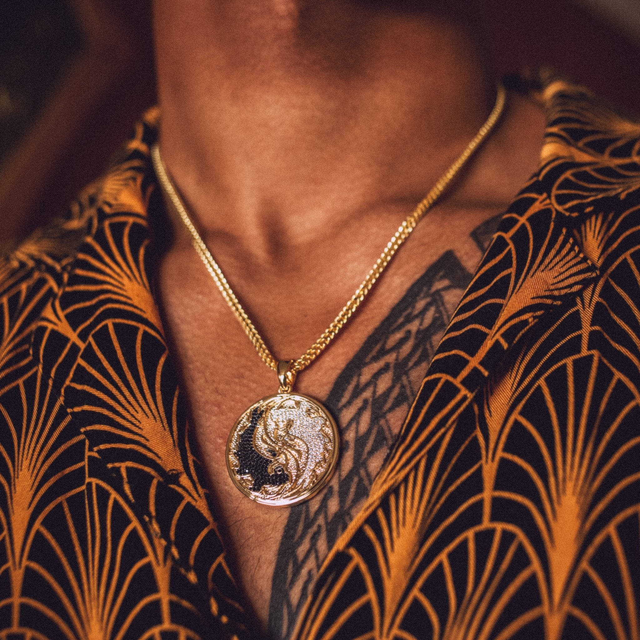 Yin-Yang Koi Fish Medallion Necklace  in  14K Gold / 1.8" by Kingices